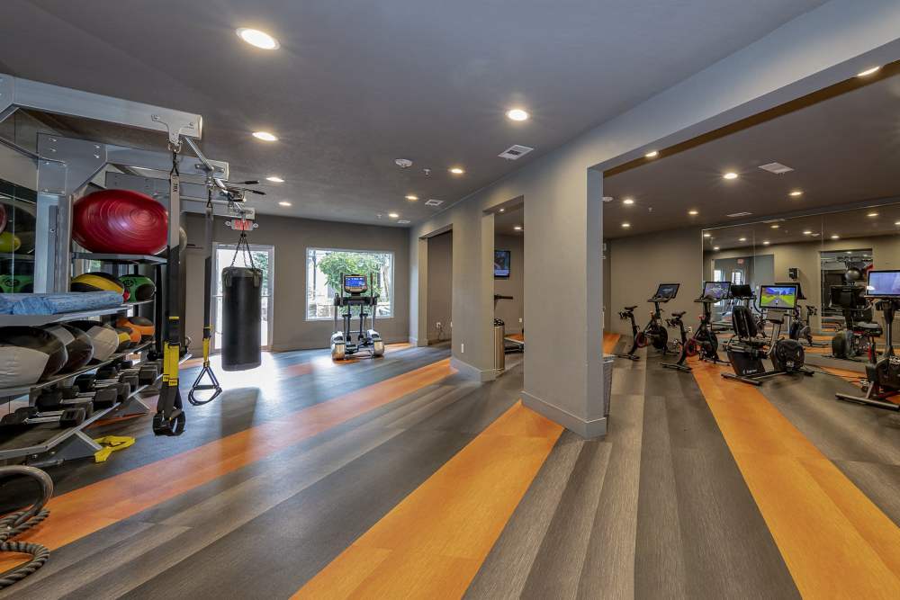 Fitness center with treadmills and wood style flooring at Slate at Cole in Dallas, Texas