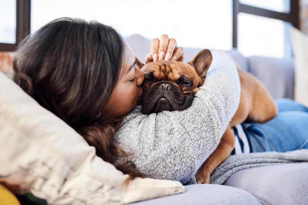 Cute puppy posing with owner at Windsor Lakes Apartment Homes in Woodridge, Illinois