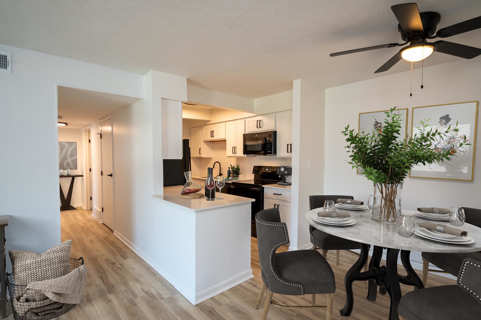 Model kitchen and dining room at Pointe at Northern Woods, Columbus, Ohio