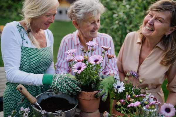 Residents in the garden at The Birches at New Hope in New Hope, Pennsylvania