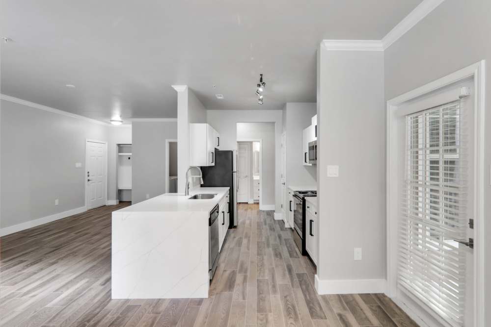 Kitchen with wood style flooring and granite countertops at Wesley in Raleigh, North Carolina