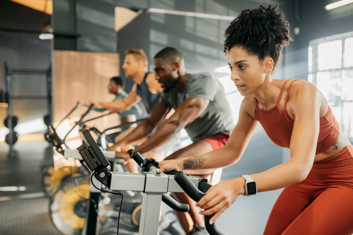 Residents exercise in the fitness center at Hangar at Thunderbird, Glendale, Arizona