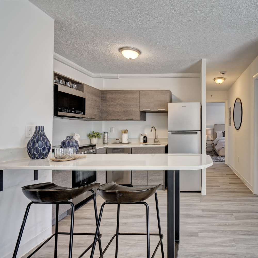 Eat-in kitchen in the model apartment at The Otis in Dallas, Texas