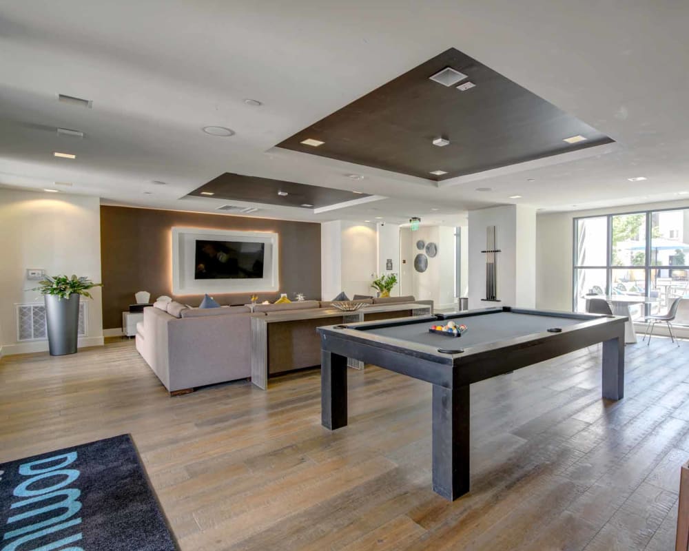 Billiards table in the modern resident clubhouse at Domus on the Boulevard in Mountain View, California