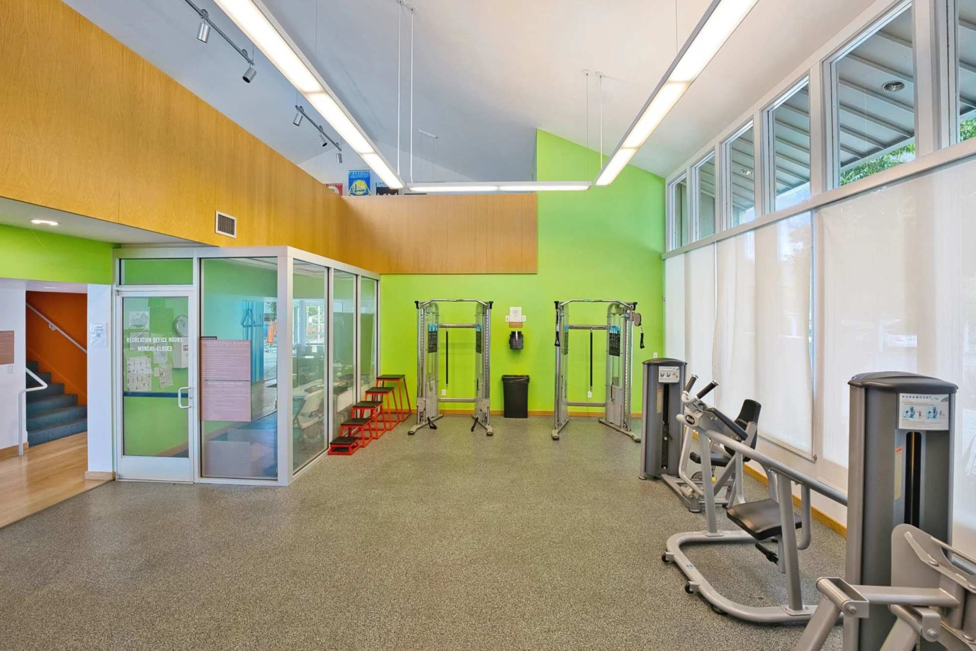Gym with cardio equipment at Lakeside Village in San Leandro, California