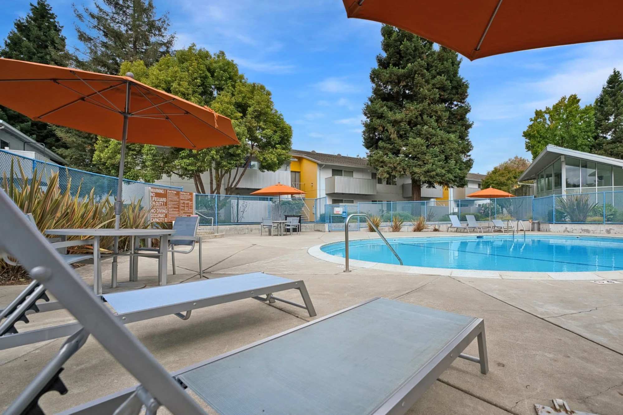 Swimming pool with seating at Lakeside Village in San Leandro, California