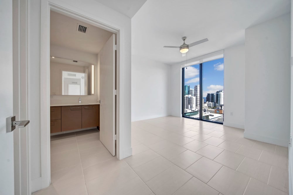 Model apartment with a ceiling fan at ParkLine Miami in Miami, Florida