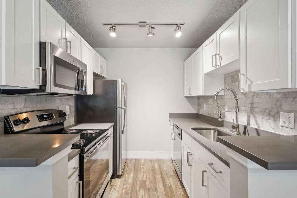 Kitchen with wood-style flooring at Halston in Dallas, Texas