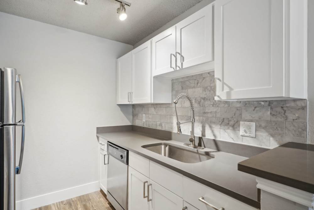 Kitchen with waterfall sink and stainless-steel appliances at Halston in Dallas, Texas