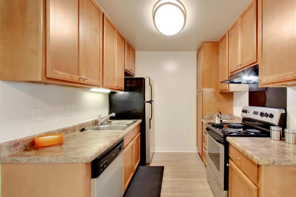 Kitchen with wood accents at Lakeside Village in San Leandro, California