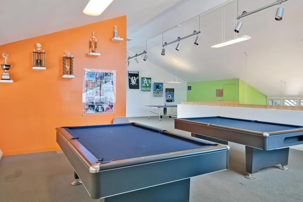 Billiard table in the gaming room at Lakeside Village in San Leandro, California