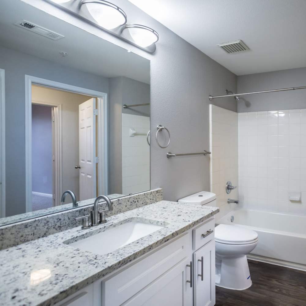 Bright bathroom with vanity unit at Stonebridge at the Ranch Apartments in Little Rock, Arkansas
