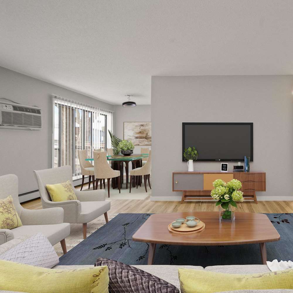 Dining space and living area of an apartment at Morada in Crystal, Minnesota