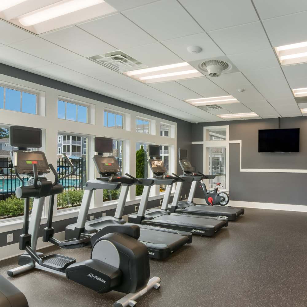 Fitness center with modern equipment and windows at The Apartments At Kelton Station in Williamsburg, Virginia