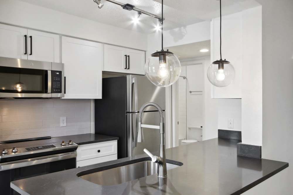 Modrn kitchn with stainless-steel appliances and granite countertop at Stillwater in Charlotte, North Carolina