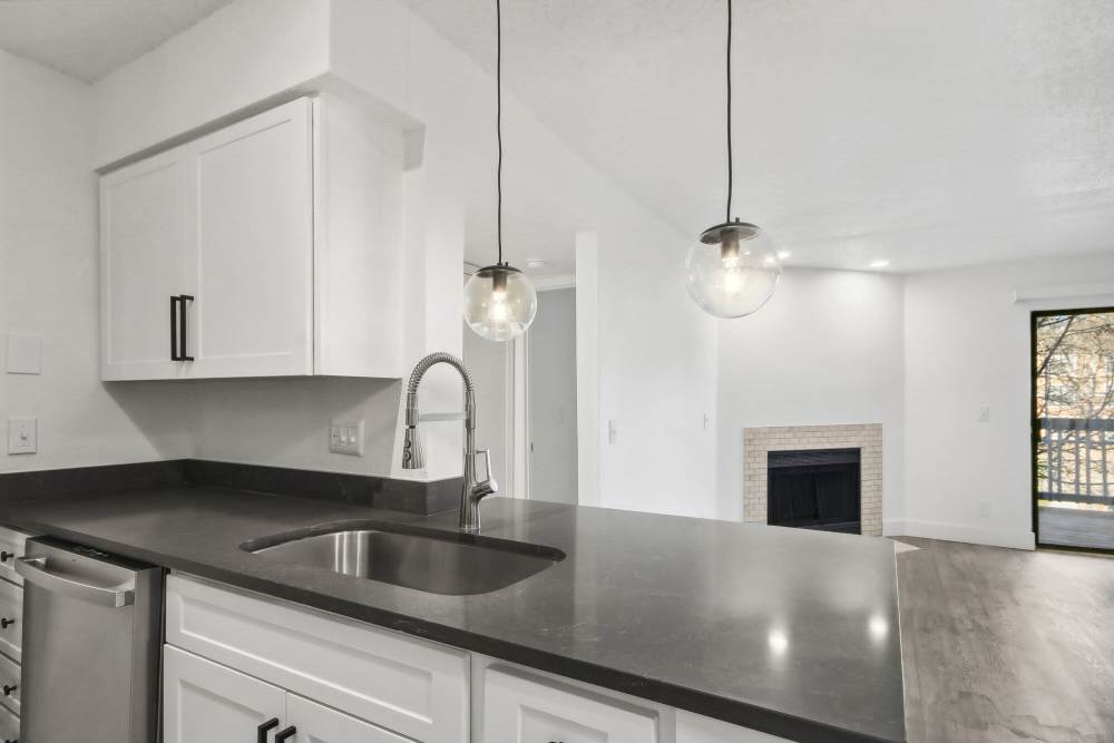 Kitchen with stainless steel sink, dishwasher and white wood cabinet at Stillwater in Charlotte, North Carolina