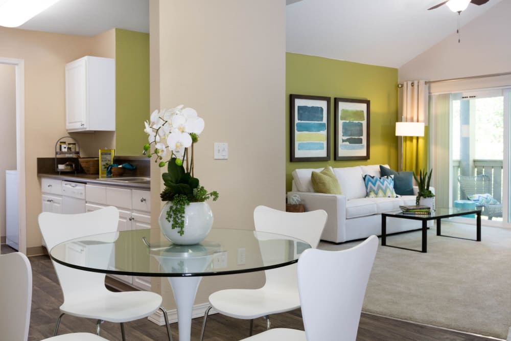 Modern living room and dinning area in a model home at Haven at Golf Creek in Portland, Oregon