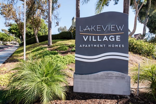 monument sign and and entryway to Lakeview Village Apartments in Spring Valley