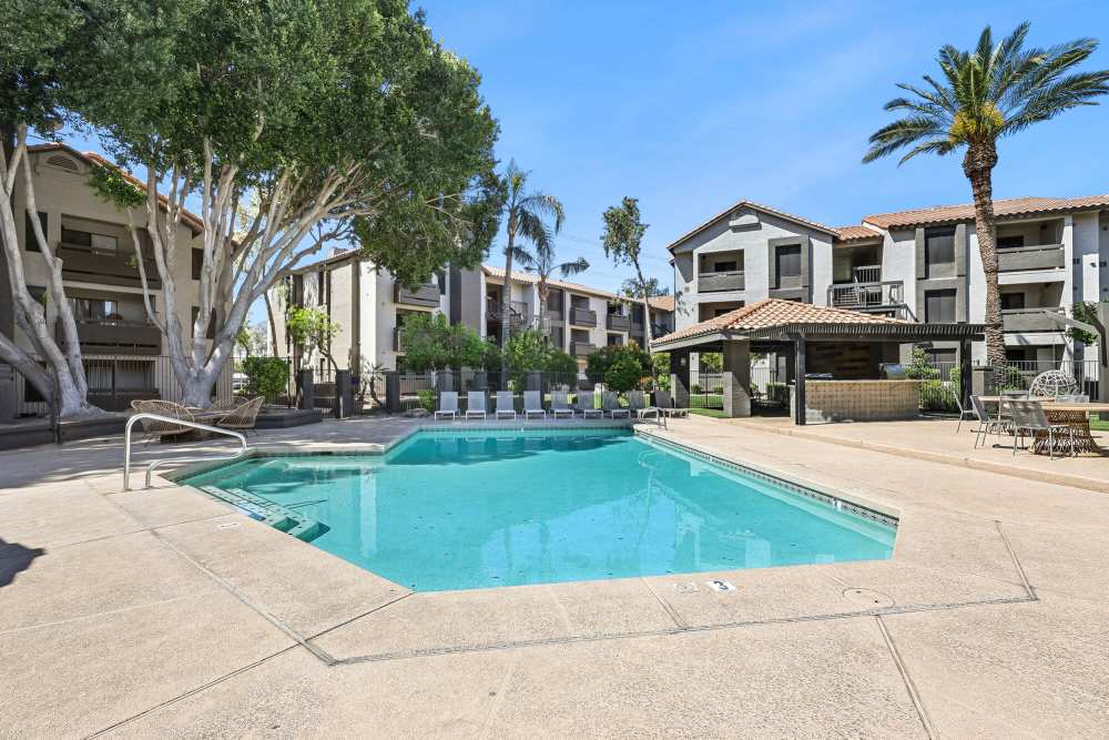 Resort-style swimming pool with cabana at Strada in Tempe, Arizona 