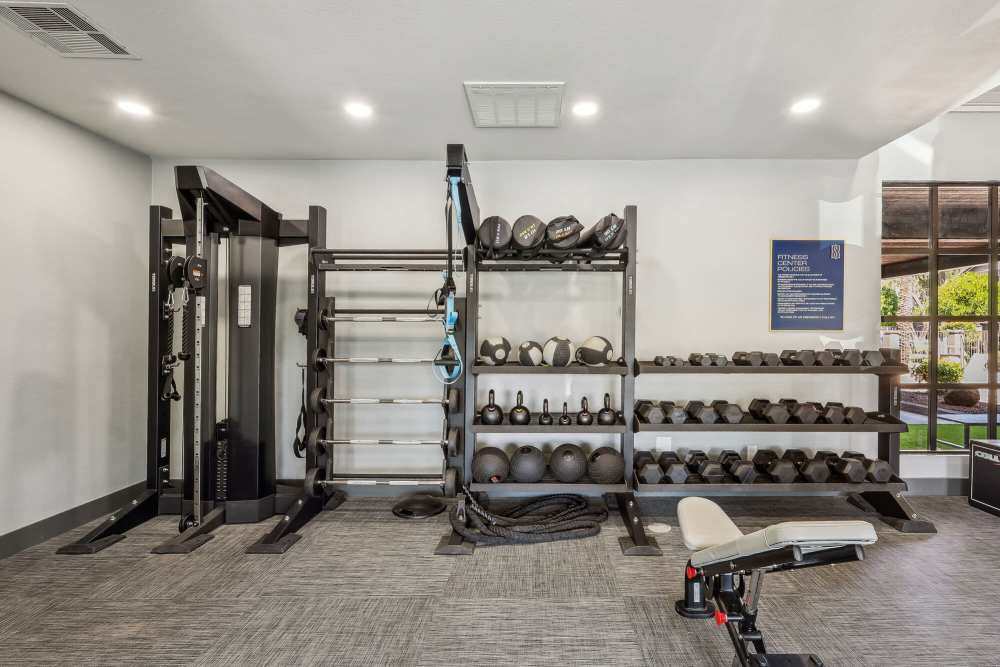 Fitness center with dumbells rack at Strada in Tempe, Arizona 