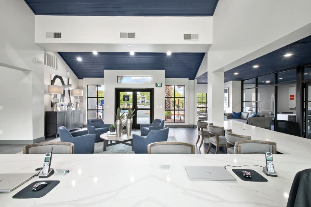 Lobby area with lounge seating for residents at Strada in Tempe, Arizona