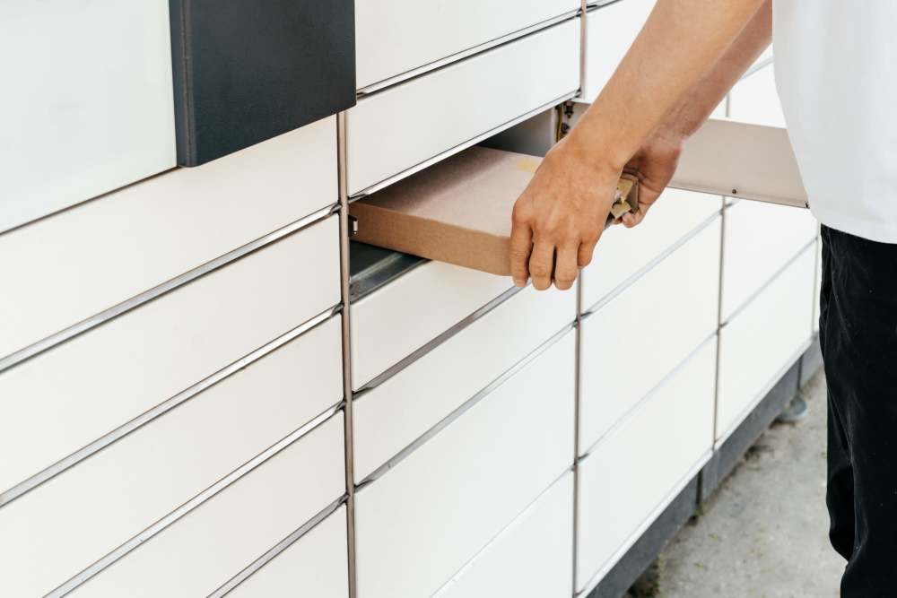 Community parcel room at The Acacia in Palo Alto, California