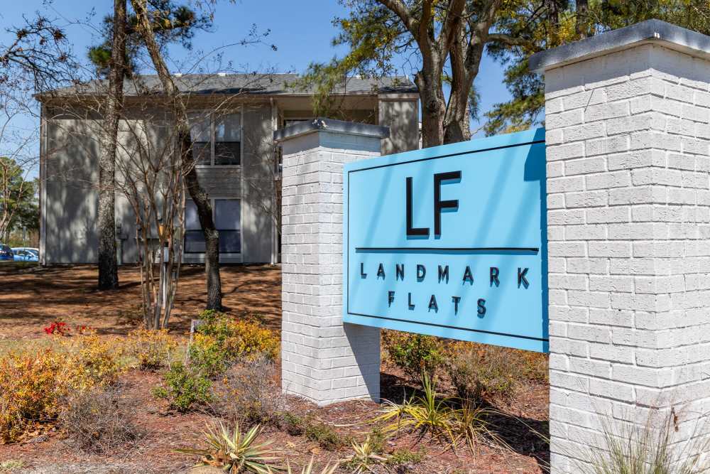 Property sign board at Landmark Flats in Fayetteville, North Carolina