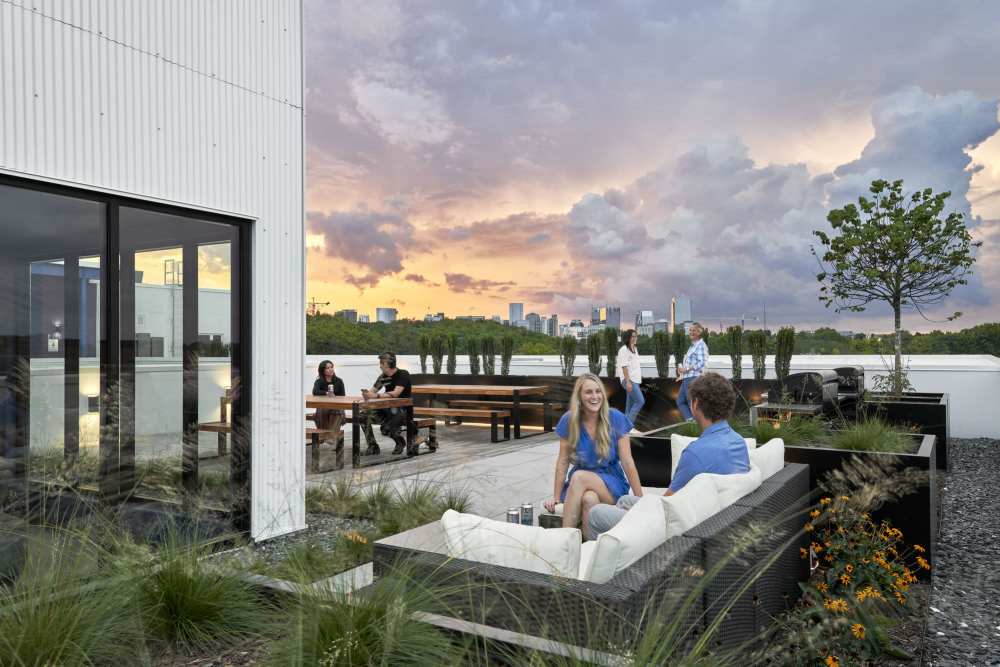 Rooftop lounge area with grilling station at Martin Flats in Nashville, Tennessee