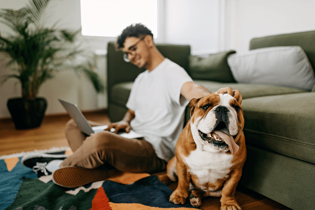Resident petting his bulldog on the head at Sausalito Apartments in College Station, Texas