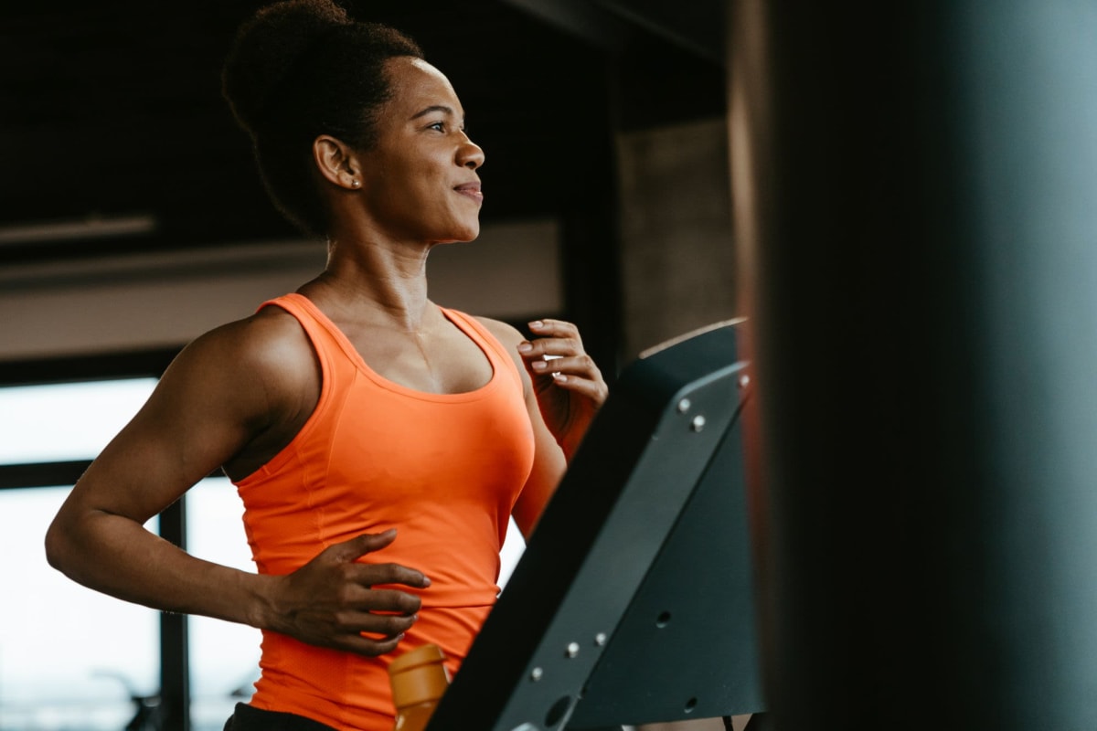 A resident works out in fitness center at Willow Creek, San Jose, California