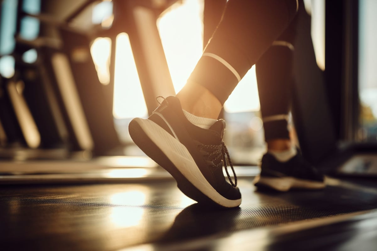 A resident uses a treadmill in the fitness center at Kaitlin Court, Los Angeles, California