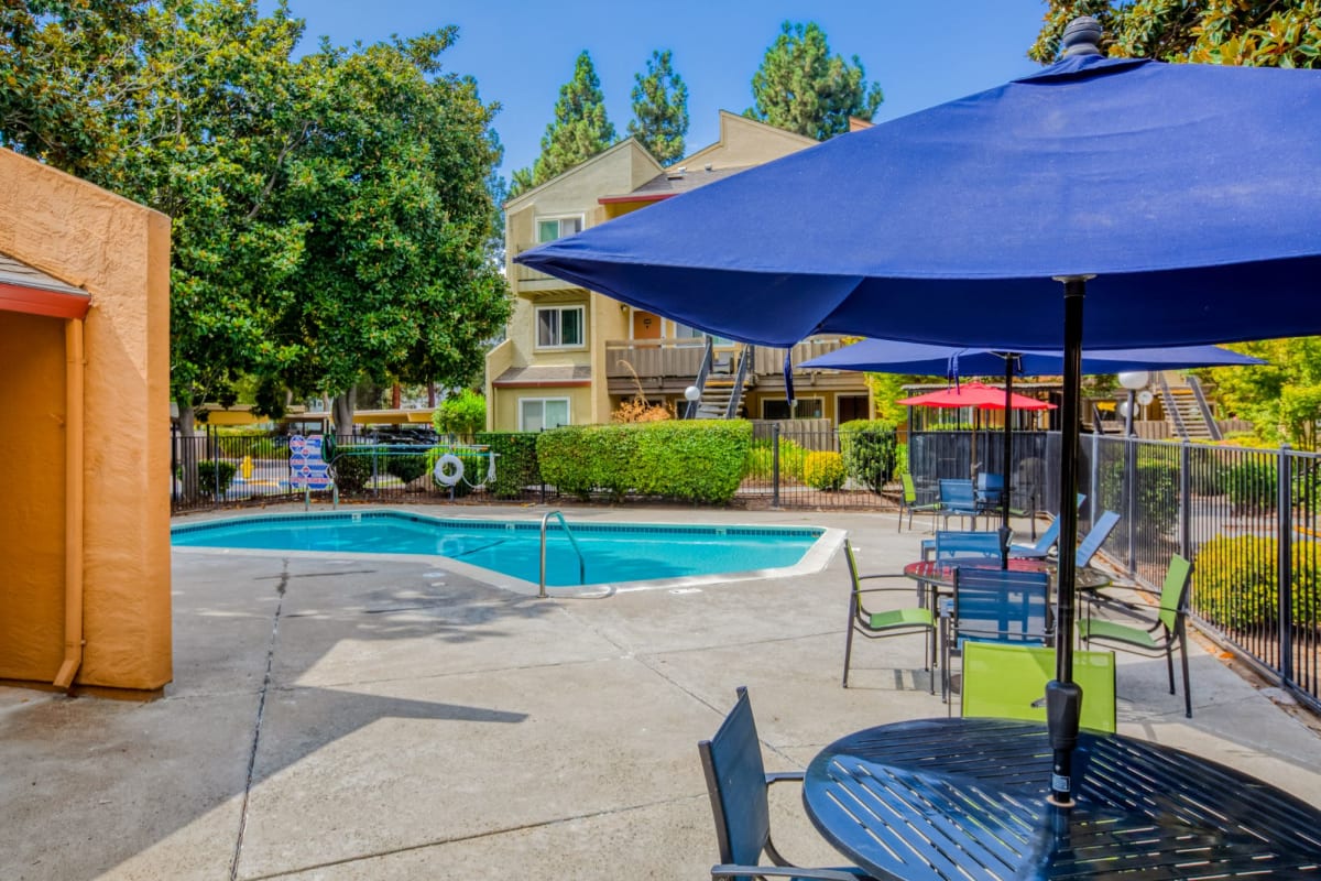 Swimming pool with patio and sun umbrellas at Rancho Luna Sol, Fremont, California