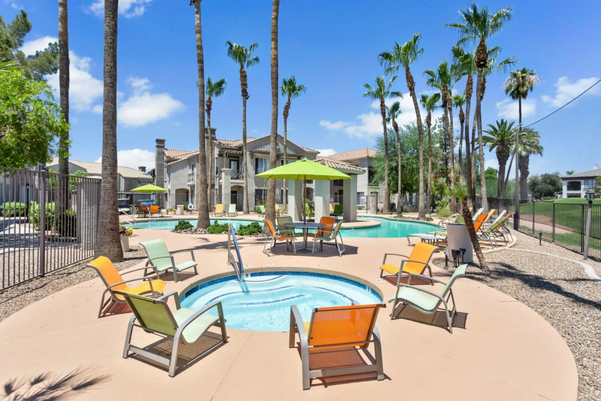 Hot tub with lounge nearby lounge chairs at The Linq, Chandler, Arizona