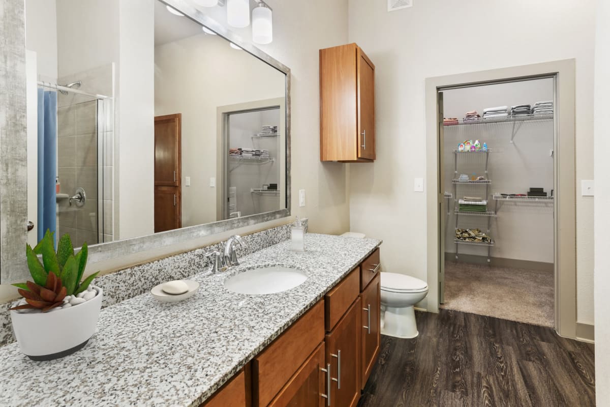 Modern bathroom at Lantower Legacy Lakes in Lewisville, Texas