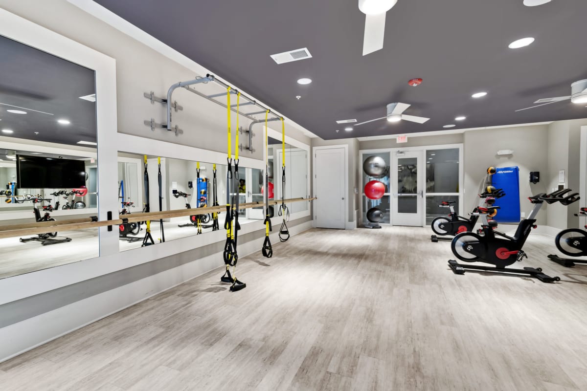 Fitness center with workout machines at Lantower Weston Corners in Cary, North Carolina