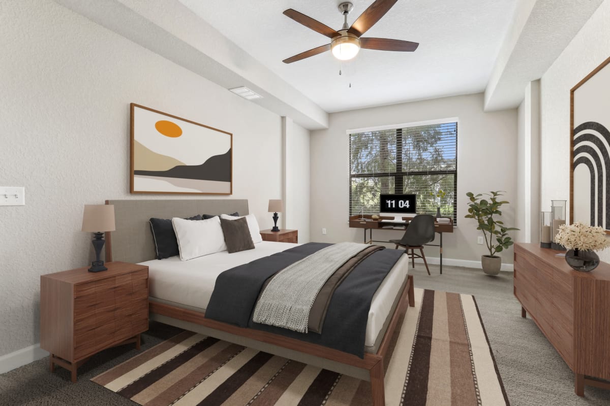 Brightly lit bedroom at Lantower Westshore in Tampa, Florida