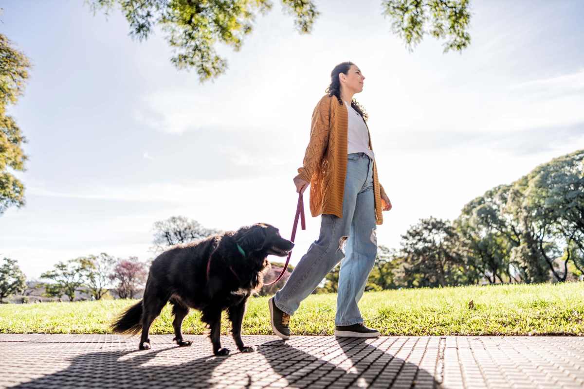 Resident walking with her pet dog at park near The Colony in Victoria, Texas