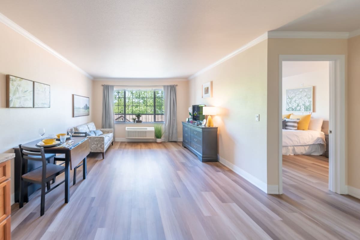 Senior living apartment bedroom at Courtyard at Mount Tabor in Portland, Oregon