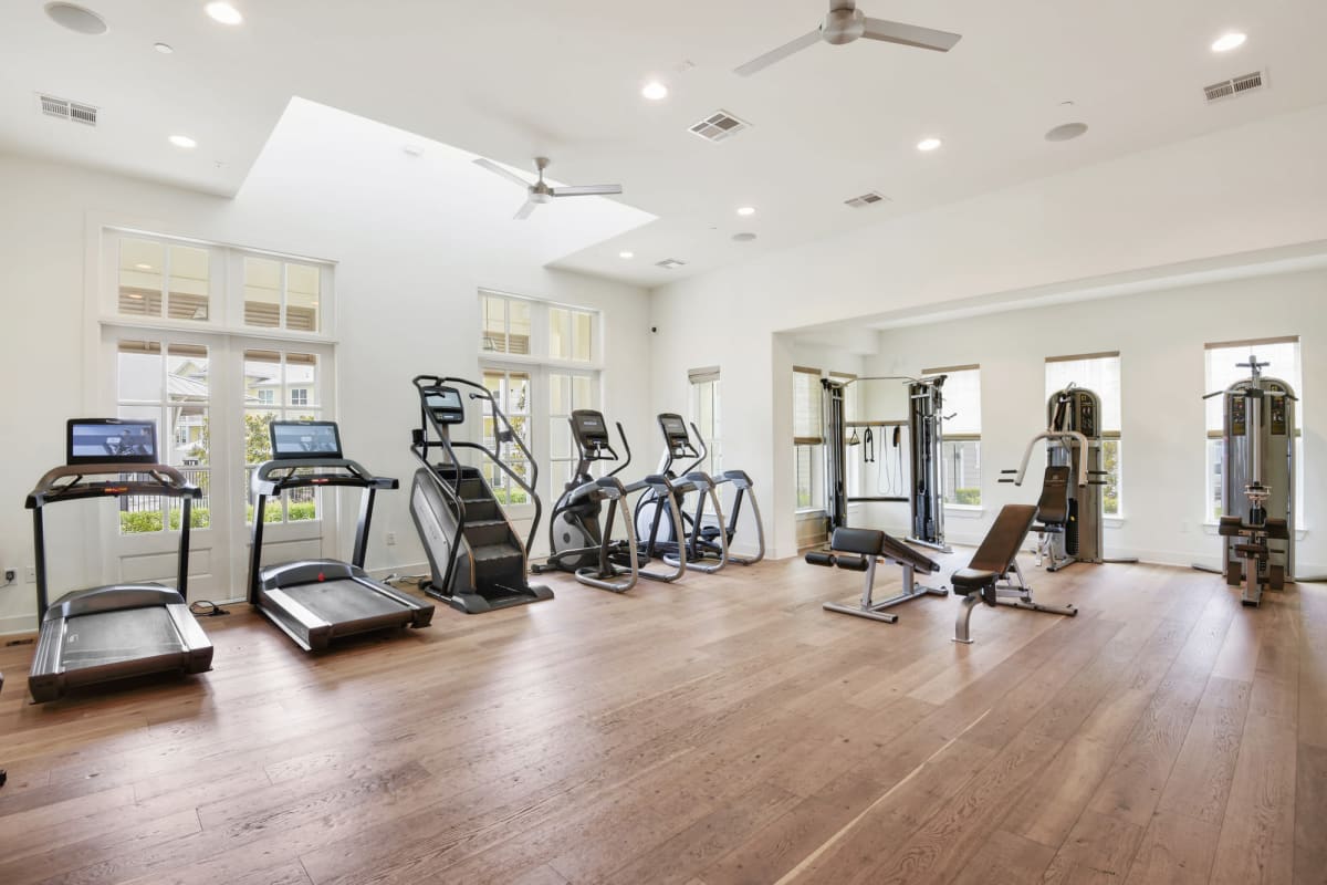 Fitness room with machines at Lantower Edgewater in Pflugerville, Texas