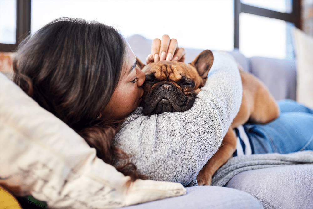 Cute dog cuddling with owner at The Village of Chartleytowne Apartments & Townhomes in Reisterstown, Maryland