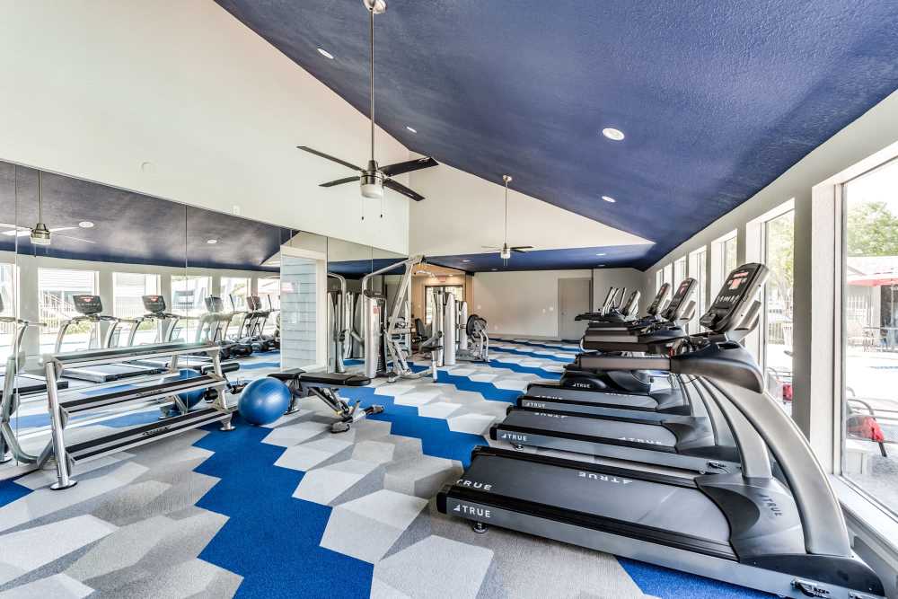 Fully equipped fitness center with ceiling fans at Warwick at Westchase in Houston, Texas
