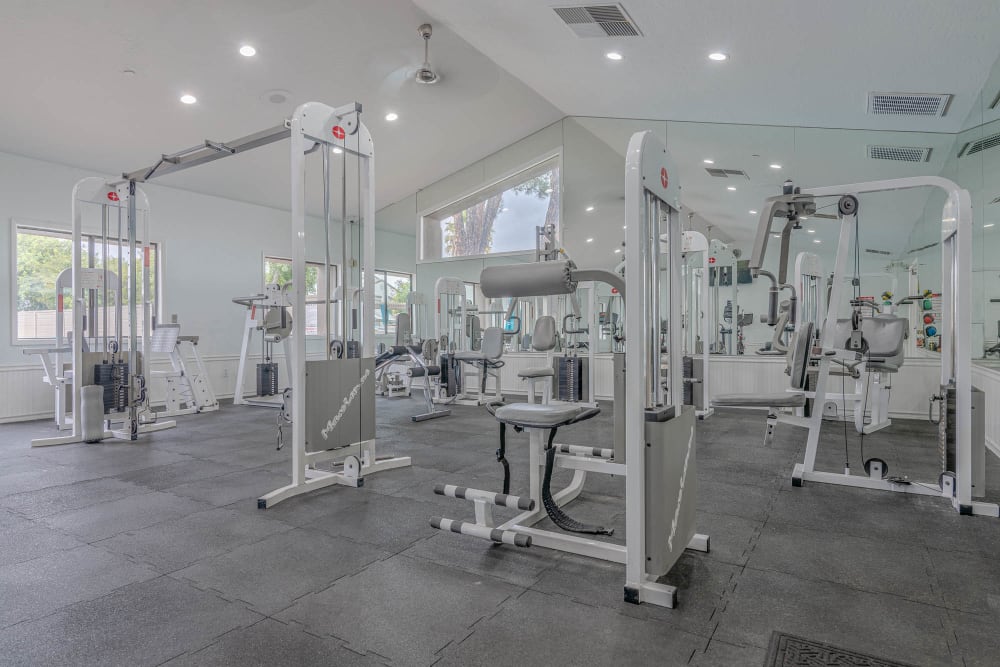 Big workout room full of modern equipment at Parkview Terrace Apartments apartment homes in Redlands, California