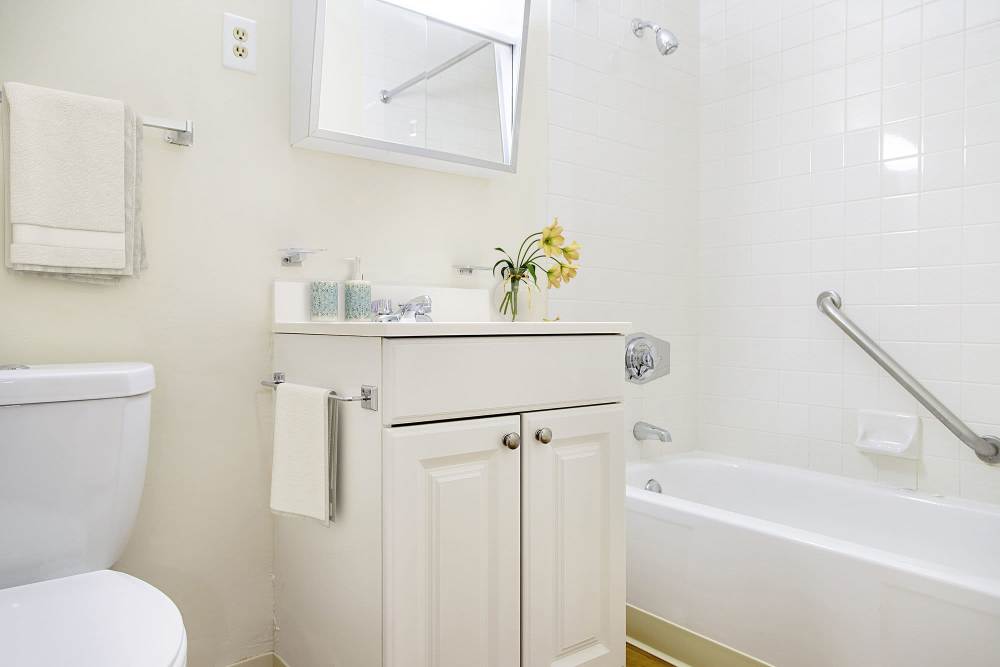 Bathroom with tub and vanity at Victory Gardens in East Boston, Massachusetts
