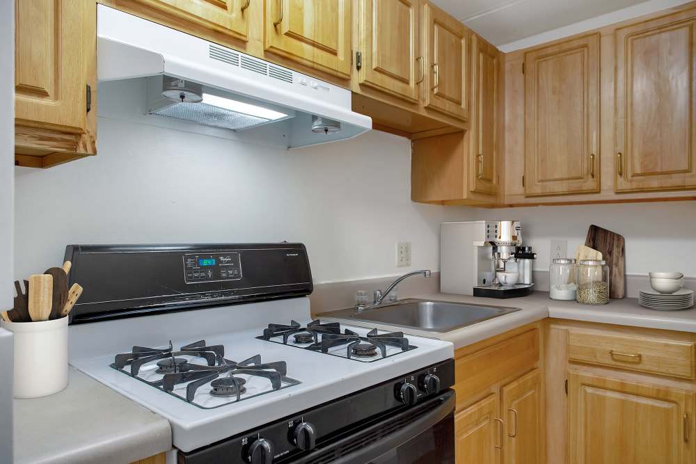 Wooden cabinets with a black stove at The Majestic in Lowell, Massachusetts