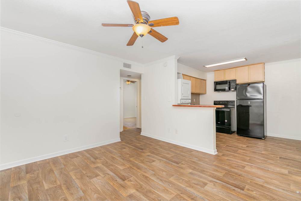 Unfurnished living room with kitchen at Ocean View Living in Norfolk, Virginia
