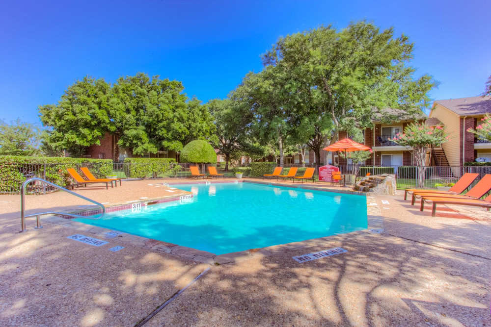 Sparkling water pool surrounded by lush landscaping and inviting lounge chairs at Charter Oak in Euless, Texas.
