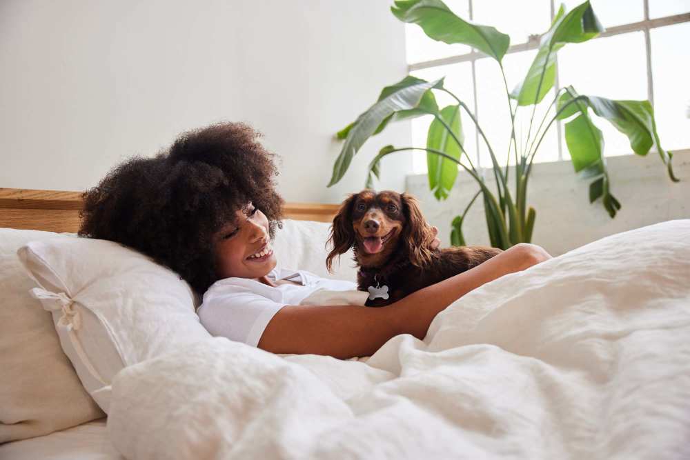 Woman smiling in bed with dog and large indoor plant in bright room at Viña Apartments in Denver, Colorado