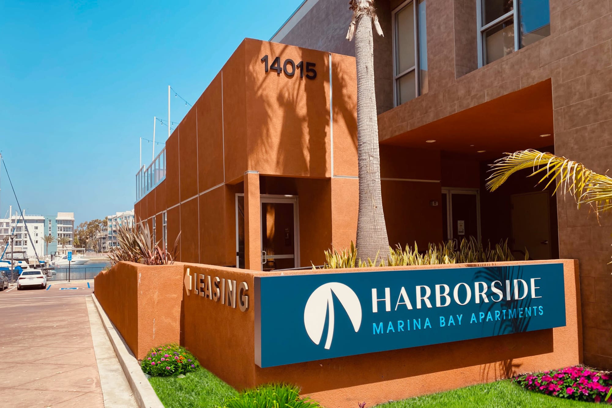 Monument Sign at Harborside Marina Bay Apartments in Marina del Rey, California