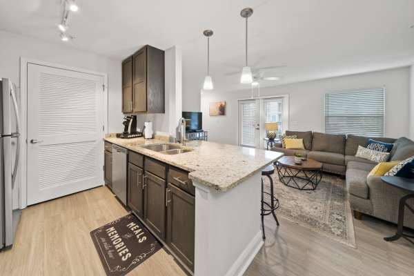 Modern kitchen in a model apartment at Stanford Pointe in Panama City, Florida