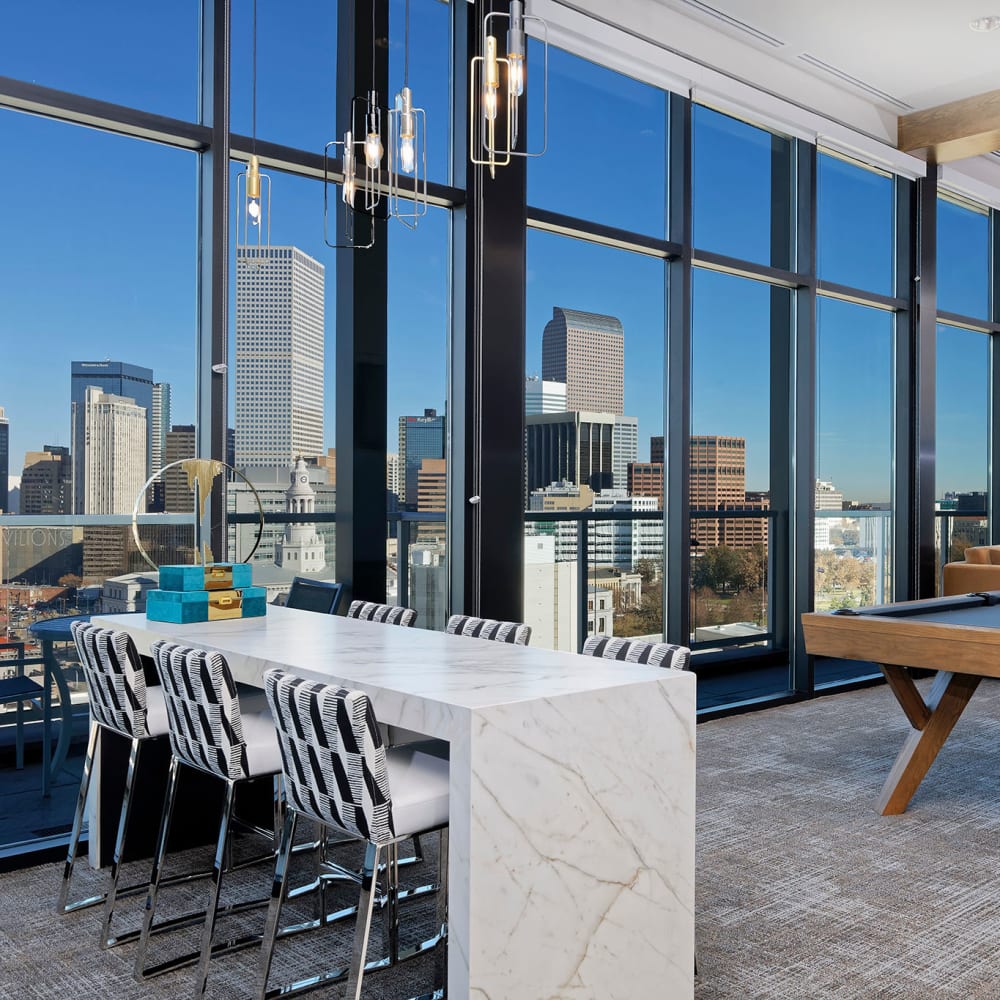 Beautiful views from lounge area at Pool table and lounge at Civic Lofts | Luxury Apartments in Downtown Denver, Colorado